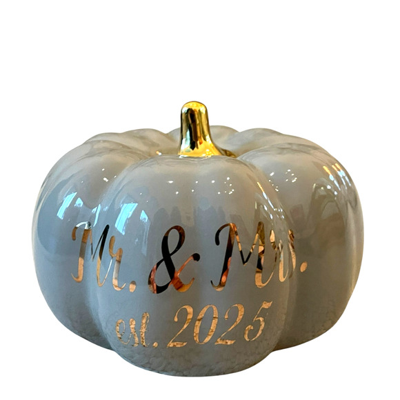 Martha Stewart MR. & MRS. EST 2025 Ceramic Pumpkin Taupe Gold Stem Small NEW - Picture 1 of 12